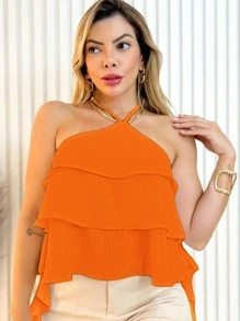 Ruffled Cropped Blouse Layered Tie Front Fashion Super Shipping!! - Orange - View 3