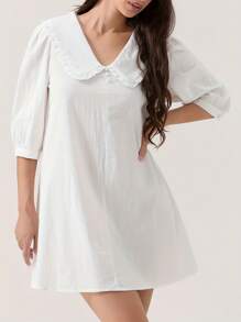 Women Summer Mini Beach Dress Half Sleeve Doll Collar Solid Color Dress With 2 Pockets - Milky - View 5