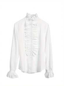Women Vintage Victorian Shirts Stand Collar Frilly Ruffle Button Down Blouses Retro Flared Sleeve Tops - White - View 8