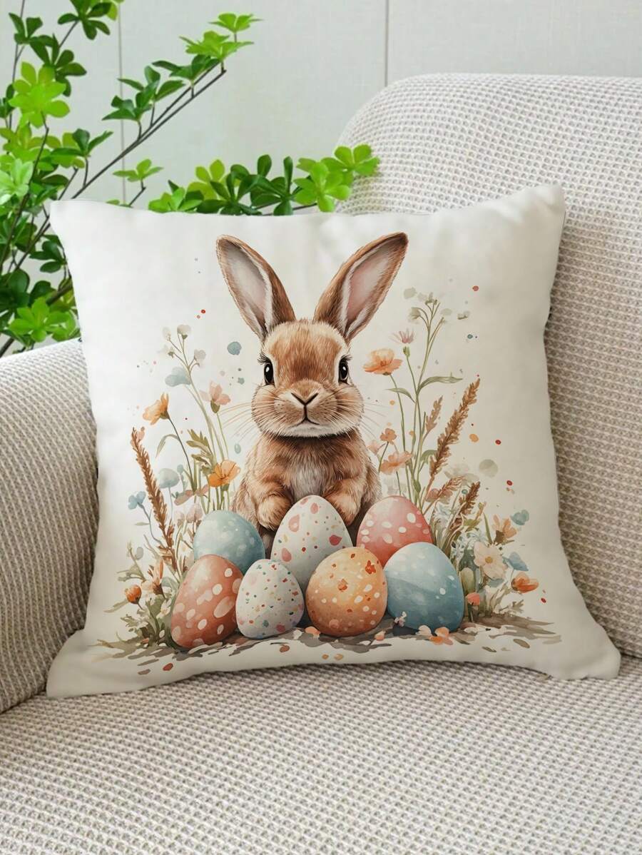 1pc Easter Rabbit & Egg Pattern Soft & Comfortable Single Sided Printed Pillow Case (Pillow Insert Not Included), Suitable For Bedroom, Living Room, Sofa, Party Decoration - Multicolor - View 1