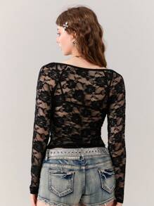 Women Y2K Mesh See Through Crop Tops With Bra Lace Floral Long Sleeve Slim Fit Low Cut T Shirt Sexy Sheer Going Out Blouse Tops Club Streetwear Summer Aesthetic Clothes - 黑色 - 查看 8