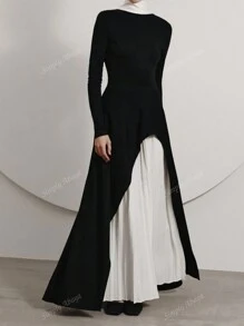 1pc Fashion Black & White High Collar Pleated Hem Contrast Color Sleeve Abaya Long Dress