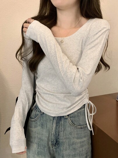 早春 韓国スタイル フィットしたラウンドネック絞り紐デザイン 万能長袖Tシャツ レディース