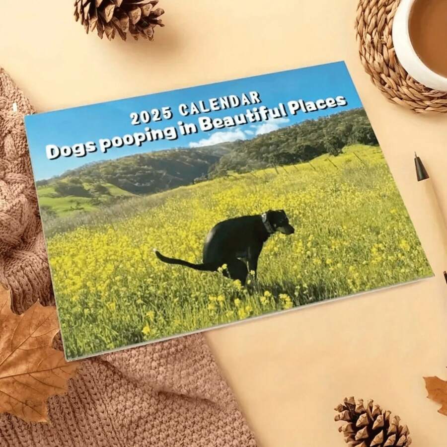 2025 Humorous Dog Pooping In Beautiful Places Calendar - Wall Hanging Monthly Date Planner With High-Quality Paper Material,Christmas - Multicolor - View 1