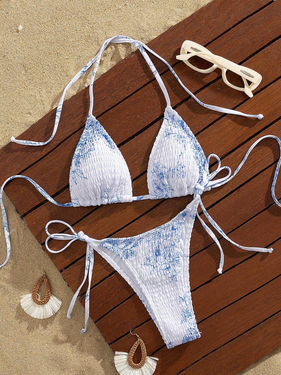 Neuer Blume Muster weiches Paket Schleifenhals eleganter Party-Bikini-Set, Sommer Strand Mode Damen Bademode