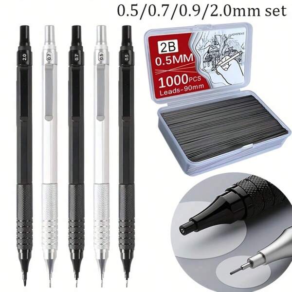 2pcs Mechanical Pencil + 250/1000pcs Lead Refills, 0.3/0.5/0.7/2.0mm Low Center Of Gravity Metallic Drawing Pencil, Office, Writing, Art Supplies, Writing Tools,For School Supplies,Back To School