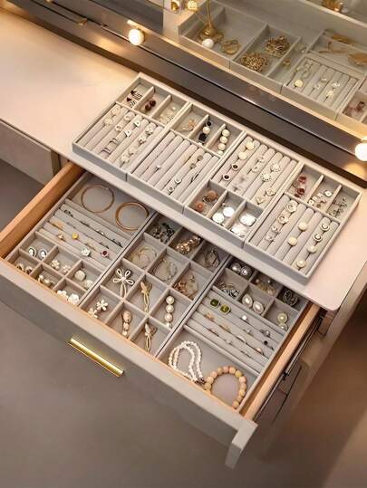 5pcs/1pc Jewelry Manager Tray, Elegant Stackable Velvet Jewelry Manager - Worn Surface, Suitable For Portable Multi-Purpose Storage Of Rings, Earrings, And Necklaces, Large Stackable Jewelry Tray For Drawers, Jewelry Storage Space For Earrings, Necklaces, And Bracelets, Easy To Classify, Convenient For Storage, Space Saving, And Easy To Pick Up