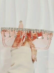 1 buc. Ochelari de vedere pentru femei, cu cap plat și franjuri, împodobiți cu strasuri, potriviți pentru bal, jocuri de costume, decor cu strasuri, ramă roz, petrecere de festival de lux Y2K, ținută de plajă, petrecere tematică zilnică (vine cu lavetă de curățare) Ochelari de vedere pentru femei, nuanțe de ochelari de vedere pentru doamne, ținute de toamnă și iarnă, accesorii de plajă, accesorii vintage Y2K Basics, cadouri de Ziua Îndrăgostiților, ținută de Ziua Îndrăgostiților pentru fete, cadouri business casual pentru vacanță de vară la plajă, în aer liber, călătorii - Decor cu strass cu lanț de diamante - Vizualizare 1