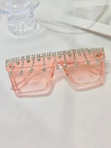 1 buc. Ochelari de vedere pentru femei, cu cap plat și franjuri, împodobiți cu strasuri, potriviți pentru bal, jocuri de costume, decor cu strasuri, ramă roz, petrecere de festival de lux Y2K, ținută de plajă, petrecere tematică zilnică (vine cu lavetă de curățare) Ochelari de vedere pentru femei, nuanțe de ochelari de vedere pentru doamne, ținute de toamnă și iarnă, accesorii de plajă, accesorii vintage Y2K Basics, cadouri de Ziua Îndrăgostiților, ținută de Ziua Îndrăgostiților pentru fete, cadouri business casual pentru vacanță de vară la plajă, în aer liber, călătorii - Decor cu strass cu lanț de diamante - Vizualizare 3