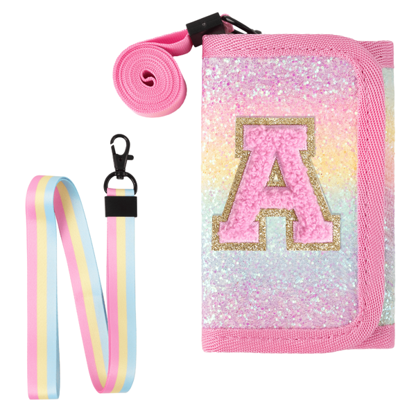 Carteiras para crianças de 2 a 3, 4, 5, 6, 7, 8, 9 a 10 anos, bolsa inicial personalizada, carteira pequena e fofa com três dobras, arco-íris, glitter, bolso para moedas para crianças pequenas com adesivos mágicos, presentes de Natal