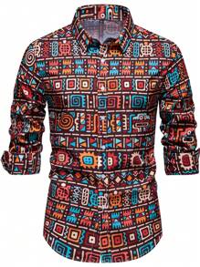 1pc Men Casual Personalized Long Sleeve Printed Shirt, African Pattern Design, Versatile & Stylish - Multicolor - View 1