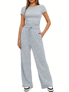 New Arrival Women Casual Outfit With Ruffle Design, Plain Color Short Sleeve Top And High Waist Wide Leg Pants, Sports Wear - Grey - View 3