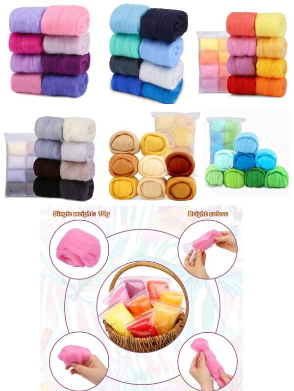 1 Conjunto Roving de Lã Colorida, Combinação de 8 cores de Fibra de Lã de 10g, Kit de Material para Feltrar Lã, Brinquedos de Feltro de Lã DIY (Embalagem Aleatória de Zíper/Saco a Vácuo)