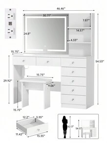 VOWNER Makeup Vanity Desk With Outlets, Large Mirror With Light Bulbs Color & Brightness Adjustable, 6 Drawers For Storage, Come With Stool, For Girls Women - White-lED Light Mirror & 7 Drawers - View 6