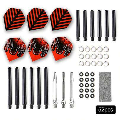 WIN.MAX 52pcs/Set Darts Accessories Kit, Includes Dart Flights, Dart Shafts, Aluminum Shafts, Spring Rings, Rubber Rings, Sharpening Stone, Suitable For Soft & Hard Tip Darts