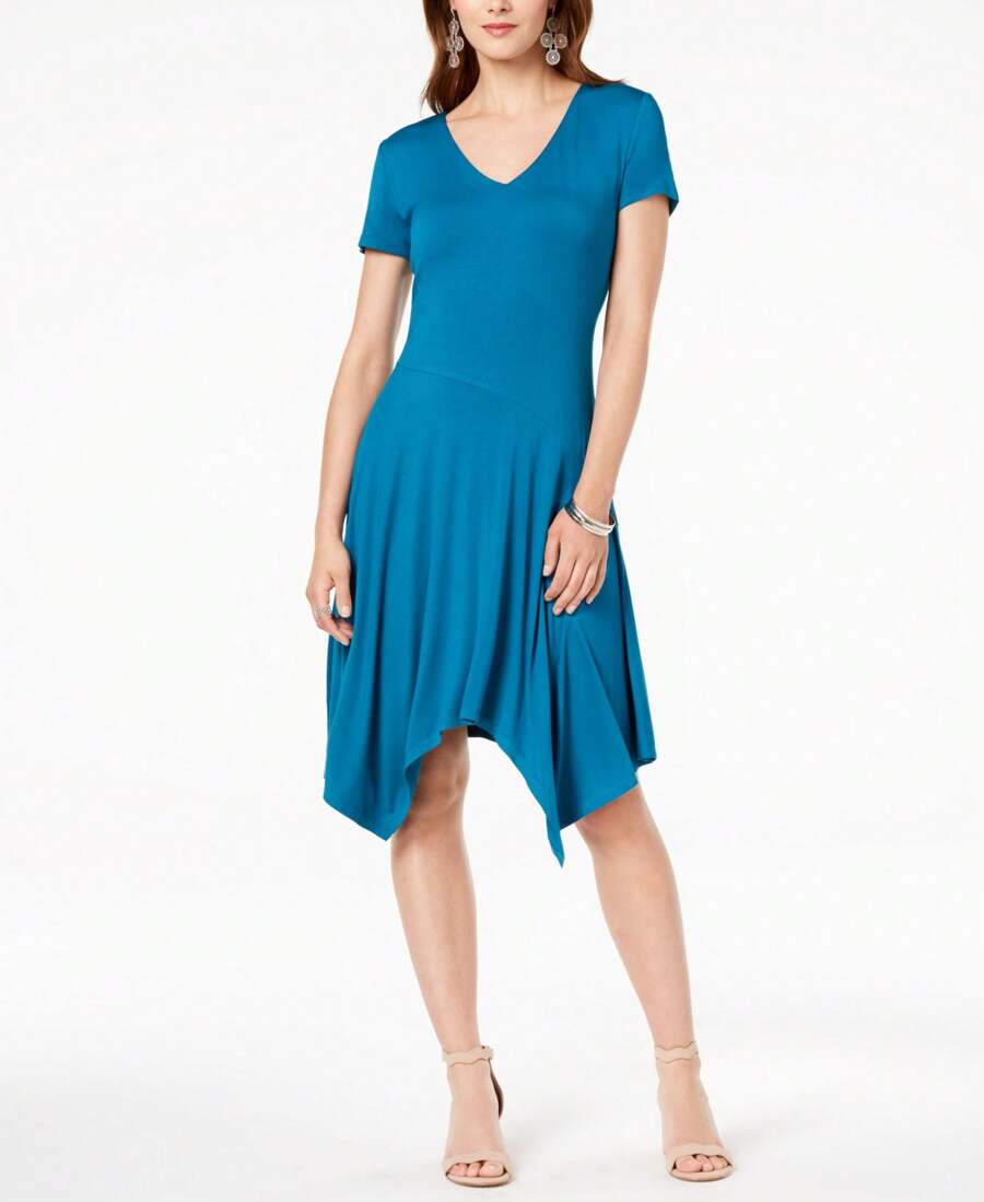 I.N.C. Short-Sleeve Handkerchief-Hem Dress - Green - View 1