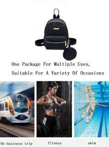 2pcs Children's Oxford Cloth Zipper Closure Argyle Pattern Fashionable Backpack & Coin Purse, Versatile Vintage Style Suitable For Daily Use - Black - View 5