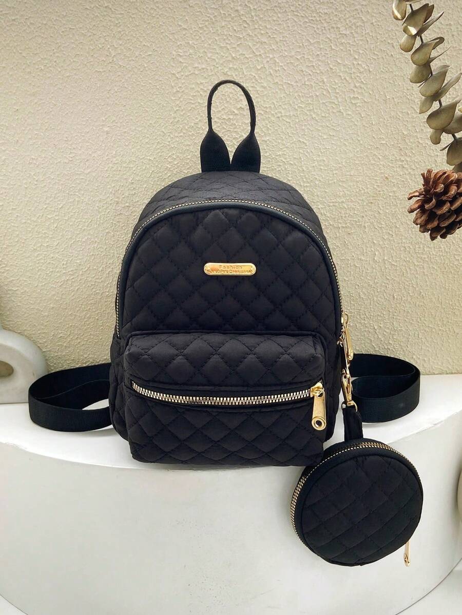 2pcs Children's Oxford Cloth Zipper Closure Argyle Pattern Fashionable Backpack & Coin Purse, Versatile Vintage Style Suitable For Daily Use - Black - View 1