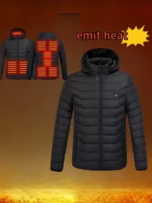 Men's Hooded Warm 9-Zone Heating Jacket, Smart Outdoor Heated Cold-Proof Jacket, Intelligent Heating, Detachable Hood, Zipper Pockets, Windproof - Black - View 4