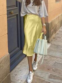 Women Long Satin Summer Fall Skirt Silk Elegant High Waist Cocktail Party Wedding Flared A-Line Midi Skirts - 黃色 - 查看 4