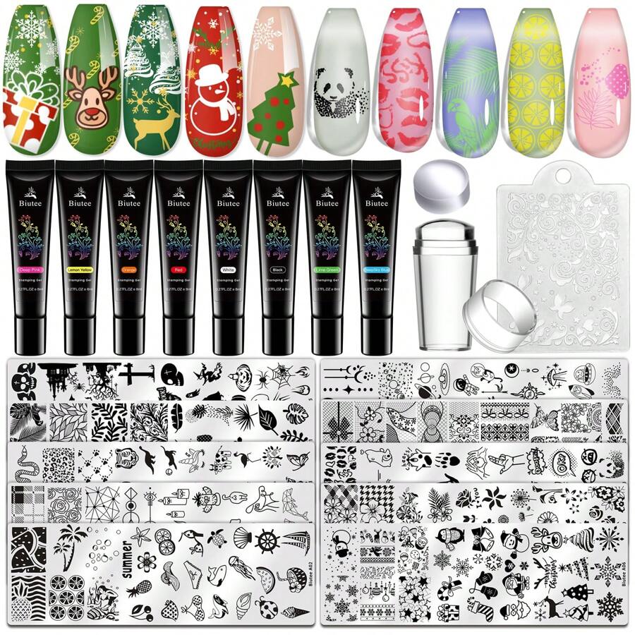 Biutee Nail Stamping Plates With 8 Colors Nail Stamping Polish Gel 10PCS Nail Stamp Plates Nail Stamper Christmas Starry Sky Lace Flower Leaves Animal Nail Stamping Kit Christmas Snowflake Nail Design