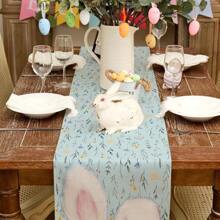 Bunny Eggs Carrot Leaves Easter Table Runner, Eucalyptus Point Bunny Spring Polka Dot Table Decoration, Bunny Bunny Ears Flower Spring Holiday Farmhouse Blue Linen Interior Home Table Decoration - Multicolor - View 5