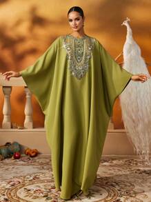 AmazingHoney Elegant Green Robe, Adorned With Exquisite Beading, Luxurious Long Women's Kaftan, Dignified And Appropriate, Arabian Style Robe (Loose Fit - Please Check Size Chart) - Army Green - View 9
