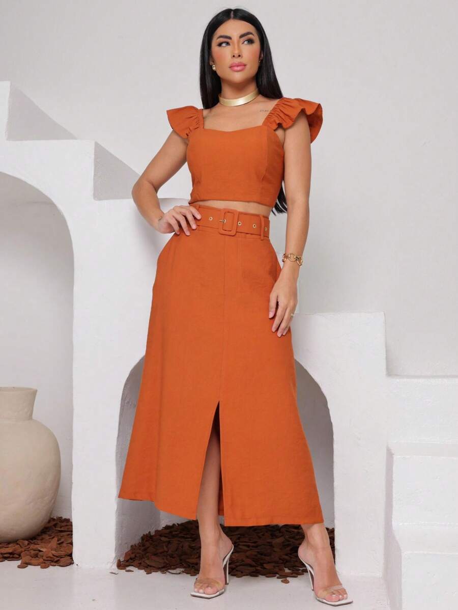 Midi Skirt Set With Belt In Marrant Fabric, Cropped, Ruffled With Padding, Size M 38-40 G 40-42 Gg 42-44 - Apricot - View 1
