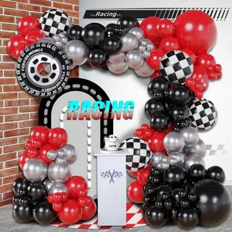 114 件赛车主题气球拱门和花环套装，包括红色、黑色和金属银色乳胶气球、格子和大号轮胎铝箔气球，适用于生日和婚礼派对装饰