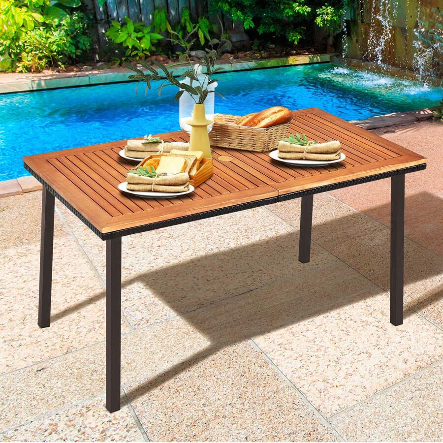 Homasis Rectangle Patio Outdoor Dining Table Acacia Wood Tabletop W/ 2'' Umbrella Hole