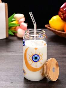 1pc Glass Cup With Straw, Style Cup, Creative High Temperature Sticker, Not Easy To Fall Off, Suitable For Tea, Juice, Milk, Birthday Gift