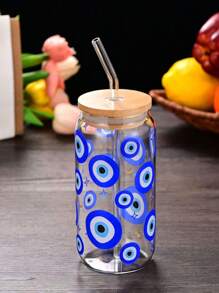 1pc Glass Cup With Straw, Style Cup, Creative High Temperature Sticker, Not Easy To Fall Off, Suitable For Tea, Juice, Milk, Birthday Gift