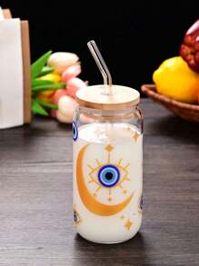 1pc Glass Cup With Straw, Style Cup, Creative High Temperature Sticker, Not Easy To Fall Off, Suitable For Tea, Juice, Milk, Birthday Gift