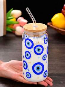 1pc Glass Cup With Straw, Style Cup, Creative High Temperature Sticker, Not Easy To Fall Off, Suitable For Tea, Juice, Milk, Birthday Gift