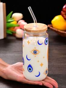 1pc Glass Cup With Straw, Style Cup, Creative High Temperature Sticker, Not Easy To Fall Off, Suitable For Tea, Juice, Milk, Birthday Gift