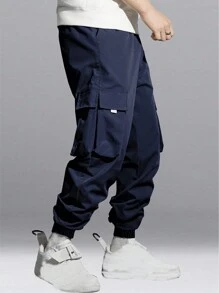 1 pieza Pantalones informales, deportivos y con bolsillos para adolescentes varones, aptos para primavera/verano/otoño/invierno - Azul Marino - Ver 2