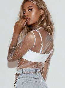 Mesh Long Sleeve Top For Women, Lace Sheer Tops See Through Mock Neck Floral Embroidery Sheer Blouce Fishnet Shirt - 白色 - 查看 3