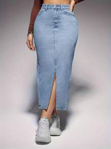 Saia Denim Maxi Casual com Fenda no Bolso e Bainha para Mulheres