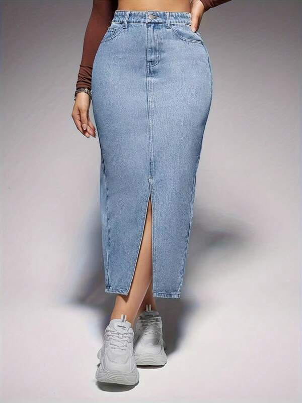 Women's Pocket Slit Hem Casual Bodycon Maxi Denim Skirt