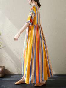 上衣，2025 女士连衣裙，休闲日常穿着，女士大码连衣裙，夏季圆领短袖黄色条纹休闲宽松连衣裙，波西米亚风沙滩裙