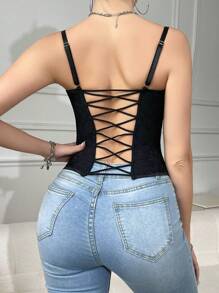 EZNV 1 chiếc áo hai dây hở lưng màu trơn gợi cảm cho nữ thời trang xương cá có gọng quấn ngực đóng mở bằng nút bấm - màu đen - Xem 4