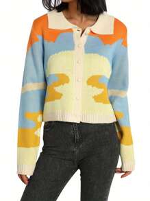 Women's Button Down Sweater Tops, Casual Long Sleeve Color Block Knitted Lapel T-Shirts - Blue - View 9