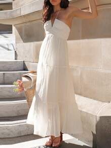 Vestido largo elegante para mujer, sin mangas, con cuello halter y estampado floral, vestido de verano con vuelo. - Blanco - Ver 4