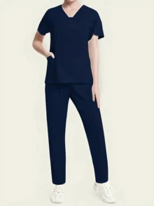 Women Solid Colored Short Sleeve Scrub Top And Pants, Uniform Set - Navy Blue - View 2