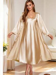 2 pezzi Set da notte per donna, composto da camicia da notte lunga e spallina, tinta unita, completo da camera da sposa