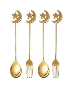 1 套 304 不锈钢甜点蛋糕水果勺叉礼盒套装，包含 2 把勺子和 2 把叉子，适合居家庆祝、餐厅、甜品店、聚会和作为礼物