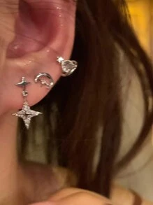 Sparkling Star & Moon Shaped Ear Studs For Women, Fashionable And Versatile Jewelry With High-End And Unique Design
