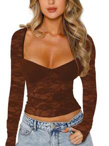 Women Y2k Floral Lace Crop Tops Long Sleeve Low Cut Tee Shirt Casual Slim Fit T Shirts Pullovers Club Streetwear Aesthetic Grunge Clothes Going Out Tops