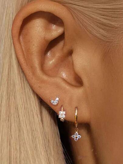 6 Pcs/ Set Vintage Gold Color Zirconia Flower Pendant Hoop Earrings Set For Women Stainless Steel Fashion Piercing Jewelry