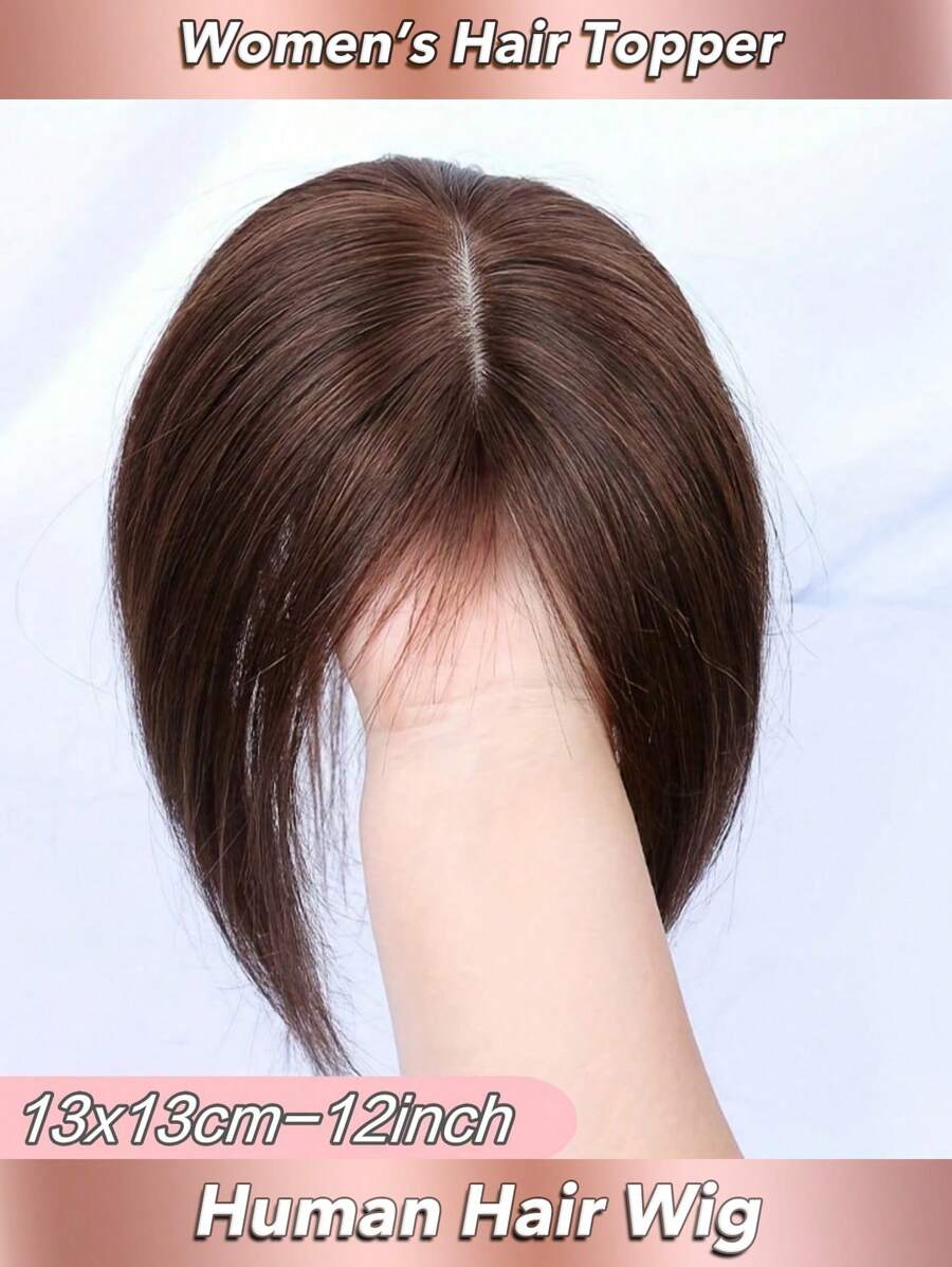 13*13cm Women's Real Hair Topper, Suitable For Thinning Hair, Silk Base, With Fluffy Bangs, #4 Light Brown Color, Silk Base, Adds Volume, Curly - S4 - View 1